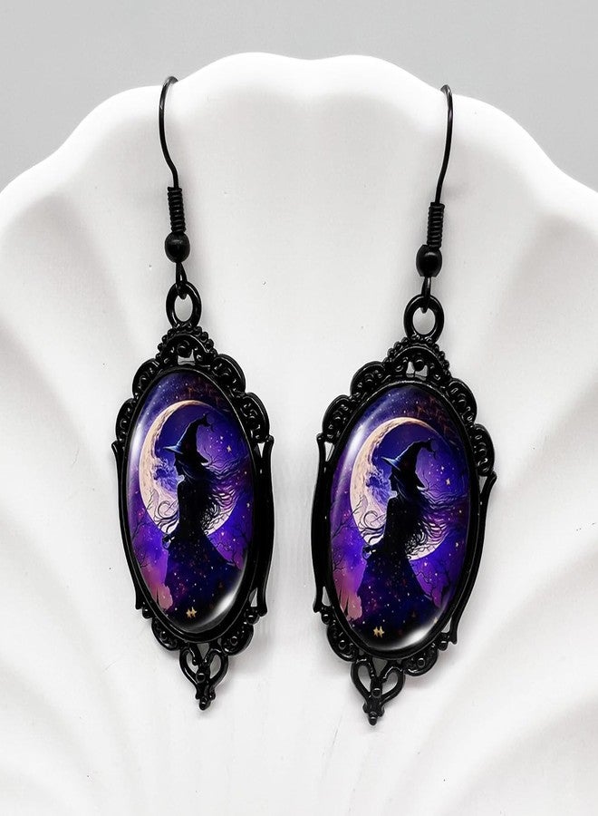 INENIMARTJ Gothic Necklace Earrings Set for Women,Vintage Witch Crow Bat Cameo Pendant Necklace Punk Teardrop Crystal Emboss Necklace Witch Jewelry Set Halloween Costume Accessories BPurpleWitch - Image 4