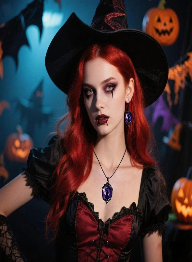 INENIMARTJ Gothic Necklace Earrings Set for Women,Vintage Witch Crow Bat Cameo Pendant Necklace Punk Teardrop Crystal Emboss Necklace Witch Jewelry Set Halloween Costume Accessories BPurpleWitch - Image 2