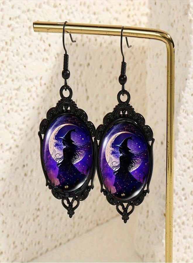 INENIMARTJ Gothic Necklace Earrings Set for Women,Vintage Witch Crow Bat Cameo Pendant Necklace Punk Teardrop Crystal Emboss Necklace Witch Jewelry Set Halloween Costume Accessories BPurpleWitch - Image 5