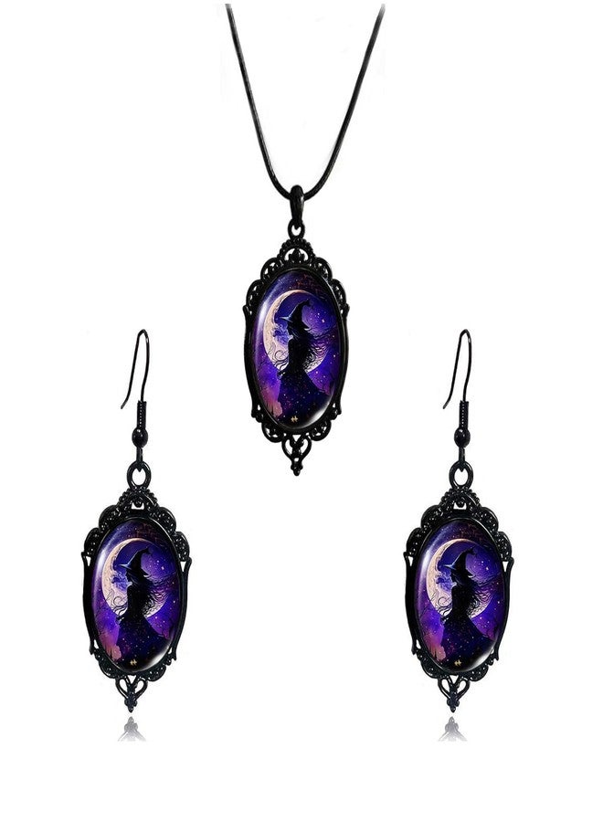 INENIMARTJ Gothic Necklace Earrings Set for Women,Vintage Witch Crow Bat Cameo Pendant Necklace Punk Teardrop Crystal Emboss Necklace Witch Jewelry Set Halloween Costume Accessories BPurpleWitch - Image 1