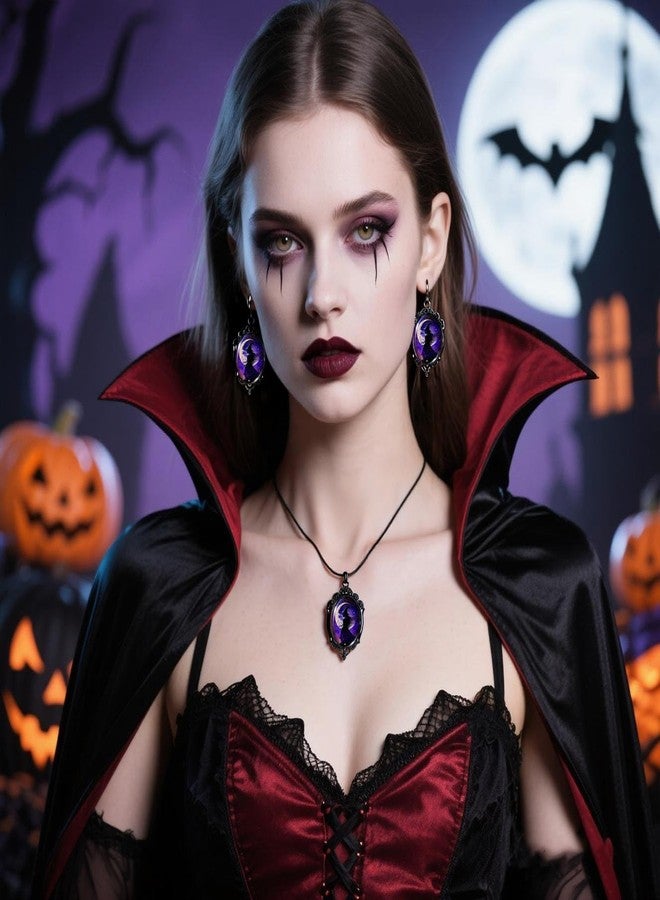 INENIMARTJ Gothic Necklace Earrings Set for Women,Vintage Witch Crow Bat Cameo Pendant Necklace Punk Teardrop Crystal Emboss Necklace Witch Jewelry Set Halloween Costume Accessories BPurpleWitch - Image 3