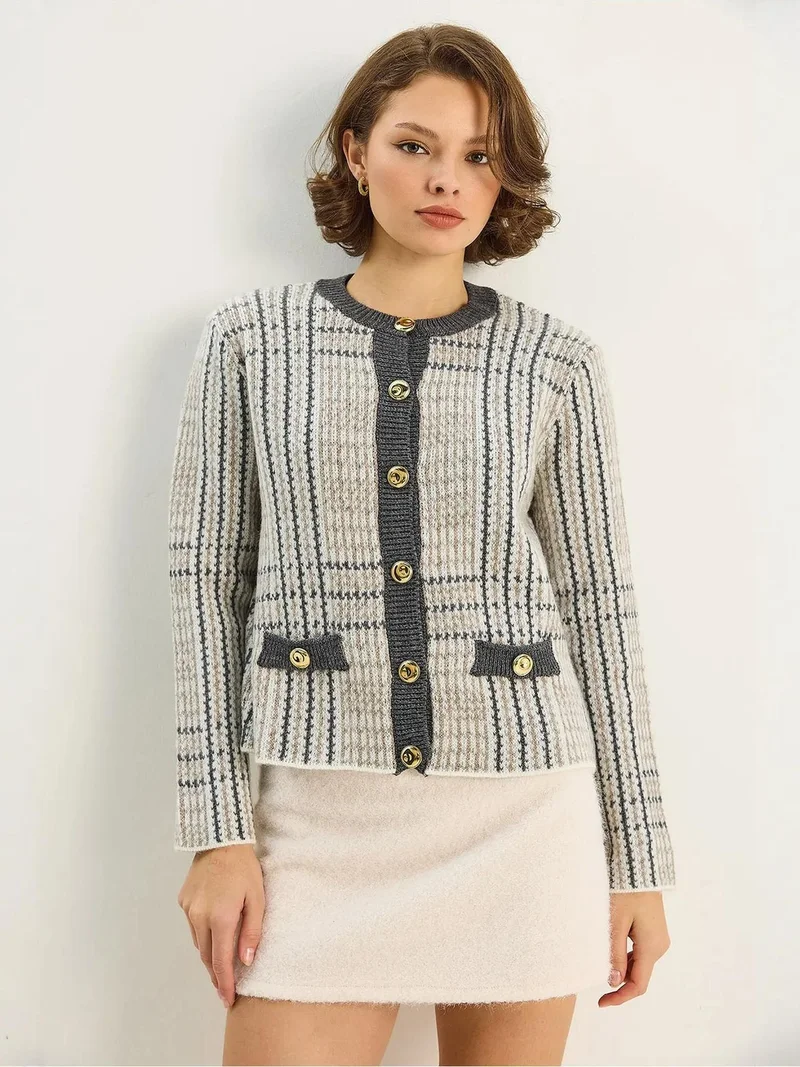 Bianco Lucci LUCCI Plaid Button-Up Knit Cardigan