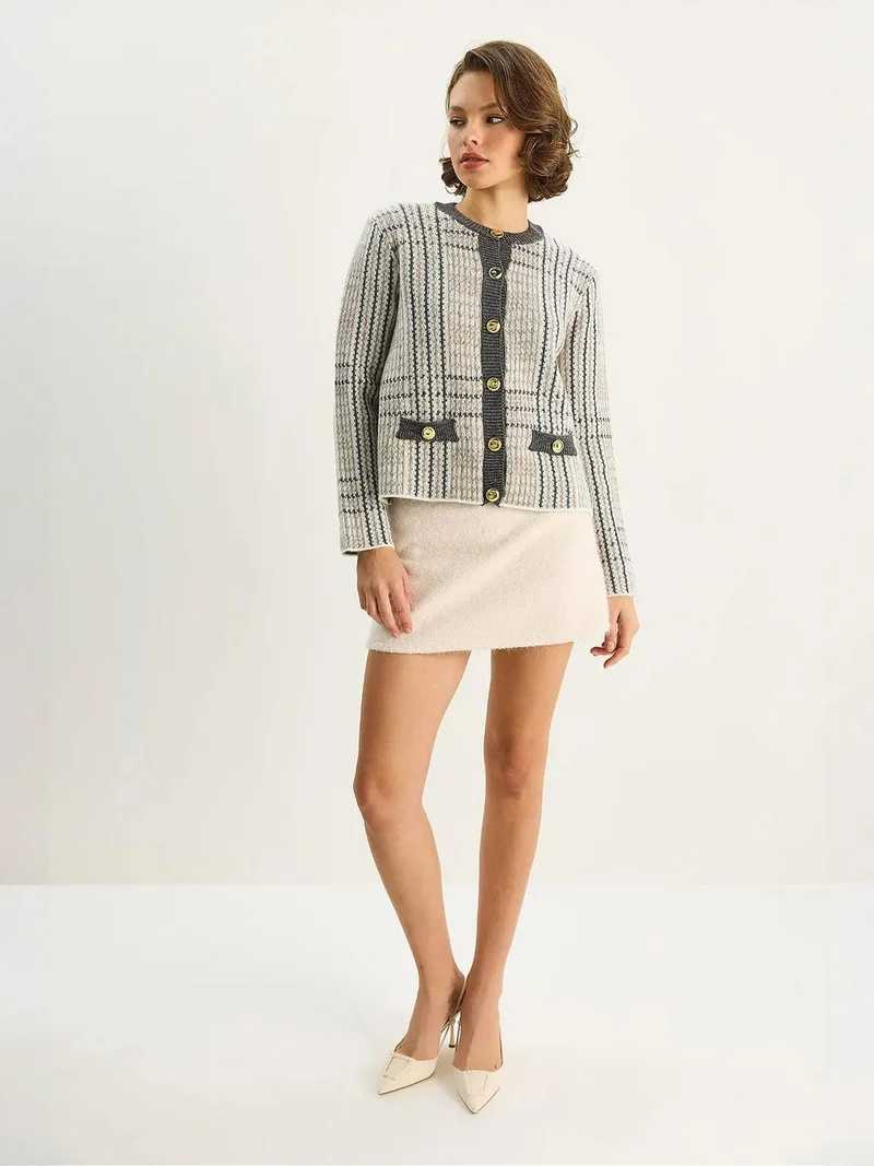 Bianco Lucci LUCCI Plaid Button-Up Knit Cardigan