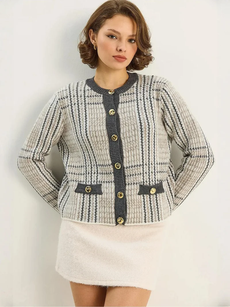 Bianco Lucci LUCCI Plaid Button-Up Knit Cardigan