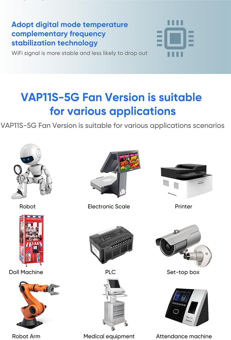 Vonets 5GHz Industrial Mini WiFi Router Bridge Repeater, WiFi to Ethernet Adapter, Wireless Bridge Converts RJ45 Connection to Wireless, 2 External Antennas, DC/USB, VAP11S-5G with Smart Cooling Fan - Image 3