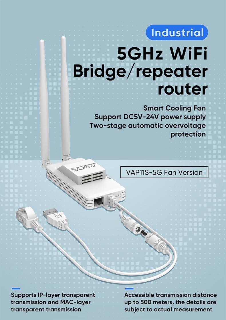 Vonets 5GHz Industrial Mini WiFi Router Bridge Repeater, WiFi to Ethernet Adapter, Wireless Bridge Converts RJ45 Connection to Wireless, 2 External Antennas, DC/USB, VAP11S-5G with Smart Cooling Fan - Image 2