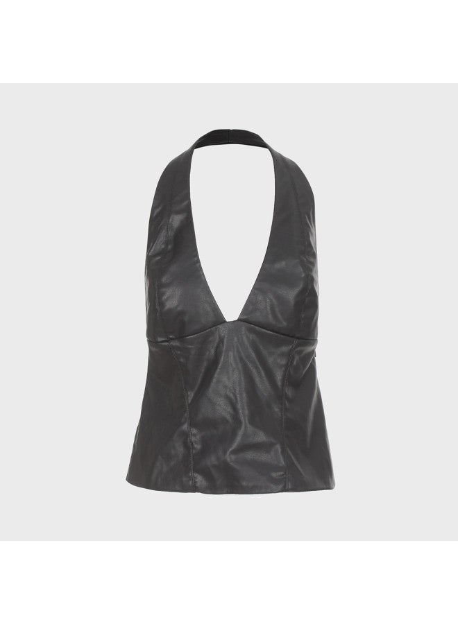 Zara women's Solid Color Faux Leather High-waisted Sleeveless Halter Top - Image 2