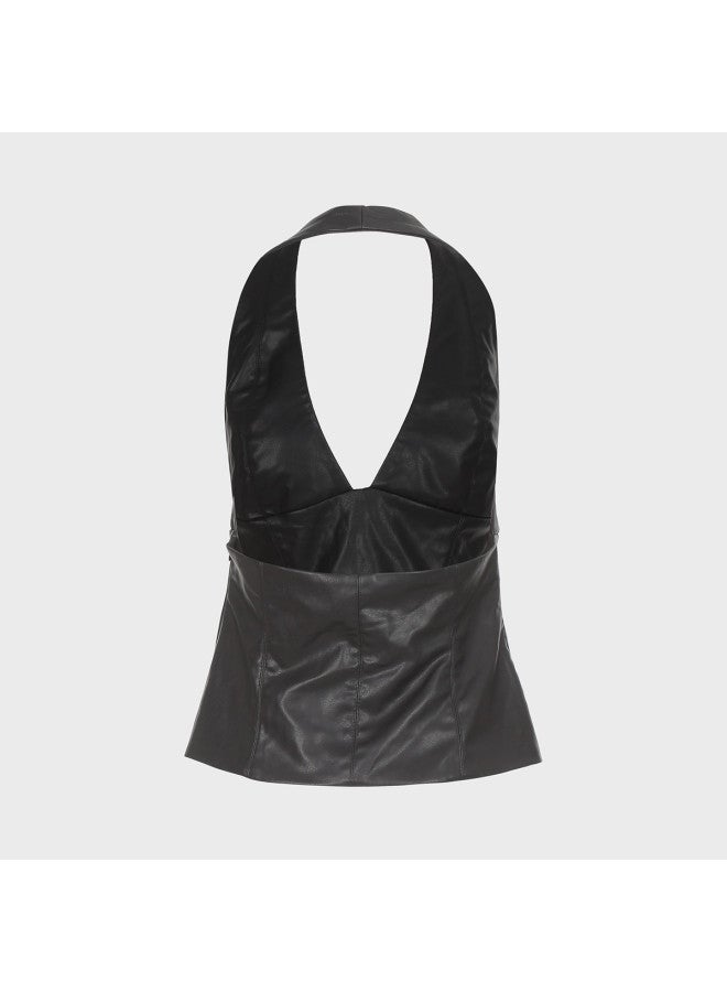 Zara women's Solid Color Faux Leather High-waisted Sleeveless Halter Top - Image 3