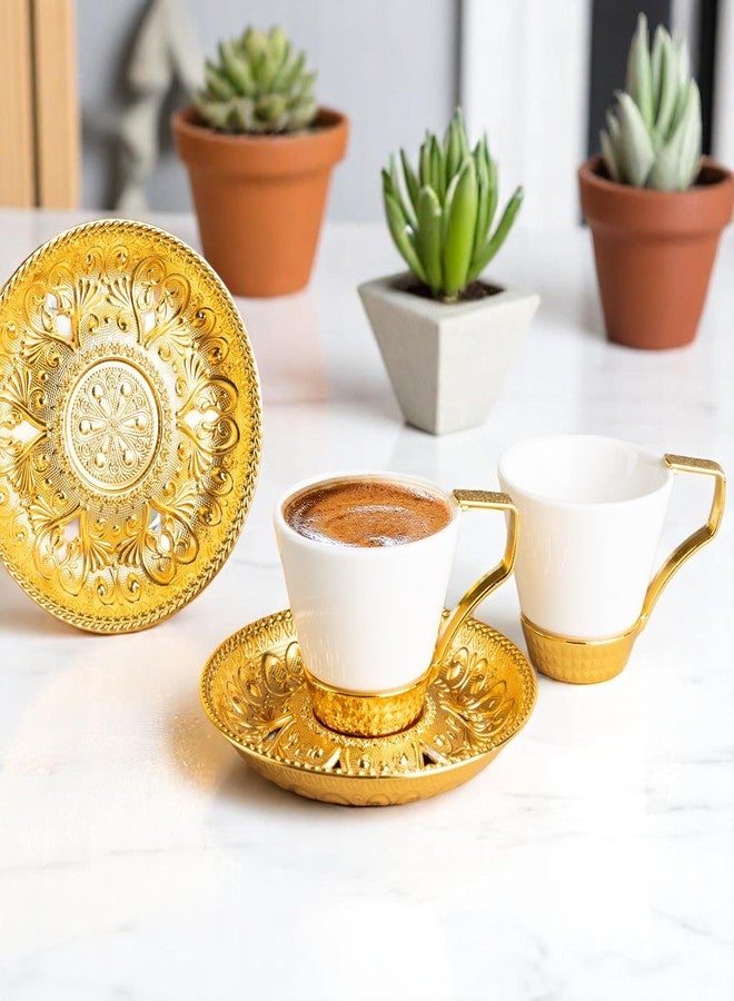 Alisveristime (Set of 2) Turkish Coffee Set with Porcelain Cups, Zamac Holders & Saucers – Selcuklu Ottoman Design, 80ml Capacity (Gold) - Image 5