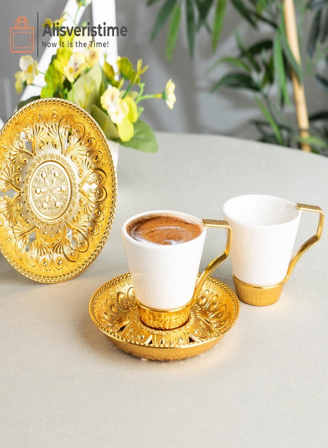 Alisveristime (Set of 2) Turkish Coffee Set with Porcelain Cups, Zamac Holders & Saucers – Selcuklu Ottoman Design, 80ml Capacity (Gold) - Image 3
