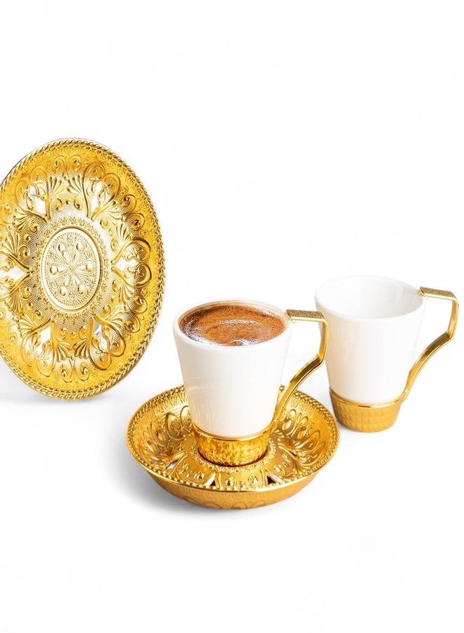 Alisveristime (Set of 2) Turkish Coffee Set with Porcelain Cups, Zamac Holders & Saucers – Selcuklu Ottoman Design, 80ml Capacity (Gold) - Image 1