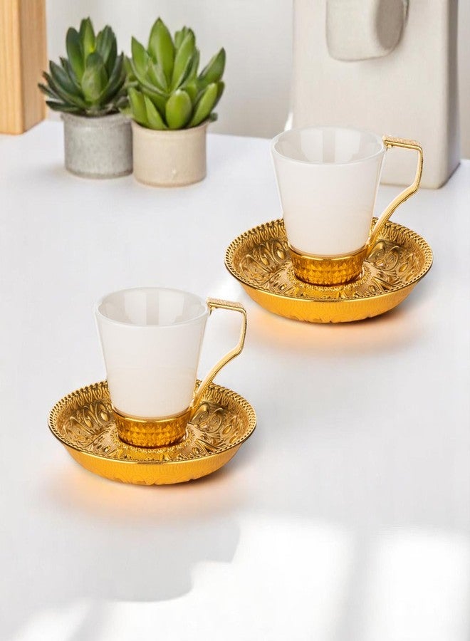 Alisveristime (Set of 2) Turkish Coffee Set with Porcelain Cups, Zamac Holders & Saucers – Selcuklu Ottoman Design, 80ml Capacity (Gold) - Image 2