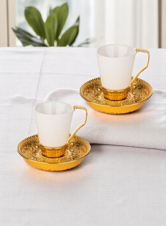 Alisveristime (Set of 2) Turkish Coffee Set with Porcelain Cups, Zamac Holders & Saucers – Selcuklu Ottoman Design, 80ml Capacity (Gold) - Image 4