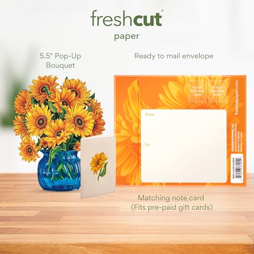 Freshcut Paper Pop Up Cards, Mini Sunflowers, 6 Inch Mini Sized Forever Flower Bouquet 3D Popup Greeting Cards, Birthday Cards, Get Well Gifts, Blank Notecard & Envelope - Image 3