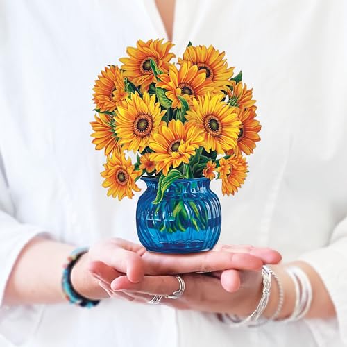Freshcut Paper Pop Up Cards, Mini Sunflowers, 6 Inch Mini Sized Forever Flower Bouquet 3D Popup Greeting Cards, Birthday Cards, Get Well Gifts, Blank Notecard & Envelope - Image 1