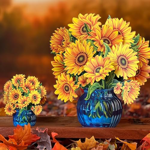 Freshcut Paper Pop Up Cards, Mini Sunflowers, 6 Inch Mini Sized Forever Flower Bouquet 3D Popup Greeting Cards, Birthday Cards, Get Well Gifts, Blank Notecard & Envelope - Image 2