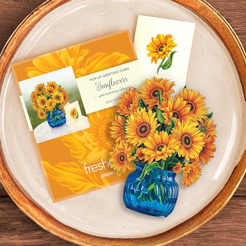 Freshcut Paper Pop Up Cards, Mini Sunflowers, 6 Inch Mini Sized Forever Flower Bouquet 3D Popup Greeting Cards, Birthday Cards, Get Well Gifts, Blank Notecard & Envelope - Image 5