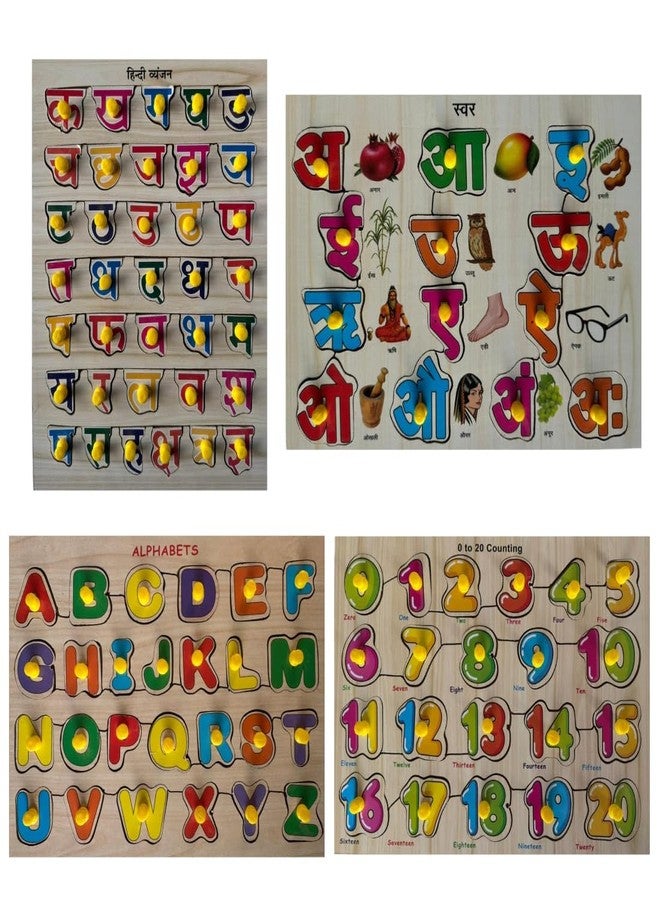 WOODINGO 4 in 1 Hindi Vyanjan, Swar, English Alphabets & Numbers Wooden Puzzle Board for Kids | Educational Learning Montessori Toy for Preschool & Nursery Children | Best Gift for Boys & Girls (3+ Years) - Image 1