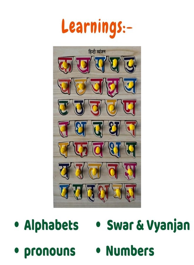 WOODINGO 4 in 1 Hindi Vyanjan, Swar, English Alphabets & Numbers Wooden Puzzle Board for Kids | Educational Learning Montessori Toy for Preschool & Nursery Children | Best Gift for Boys & Girls (3+ Years) - Image 3