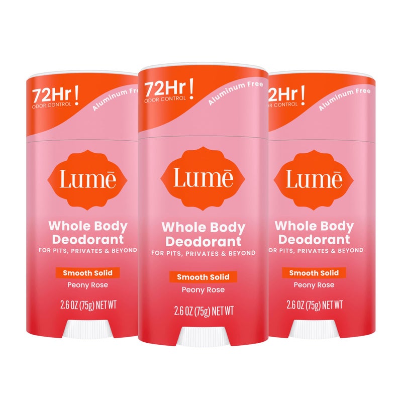 Lume Whole Body Deodorant  Smooth Solid Stick  72 Hour Odor Control  Aluminum Free Baking Soda Free and Skin Loving  26 Ounce Pack of 3 Peony Rose