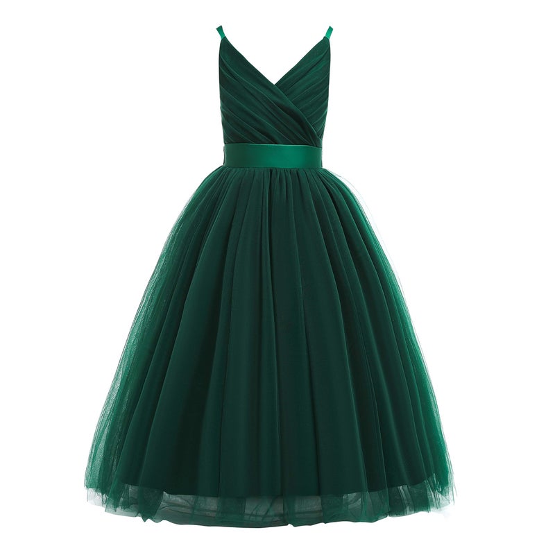 Glamulice Emerald Green Flower Girl Dress Lace Bridesmaid Long A Line Wedding Pageant Dresses Tulle Spaghetti Strap Party Gown Photo Shoot Event Holiday Evening Formal Princess Dance Gown Elegant 8 - Image 2