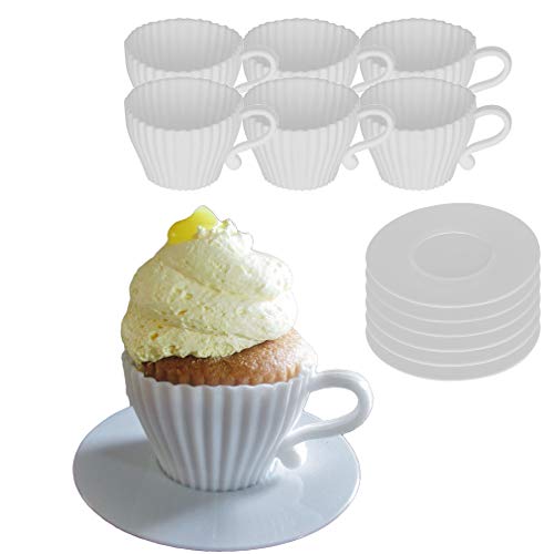 Evelots Baking Cupcake Molds - Silicone Teacup Set - 12 Pc Set - Oven-Safe - Nonstick - Muffin Cups for Bridal/Baby Shower, Birthday/Tea Party - 6 Cups & 6 Saucers - BPA Free - Image 1