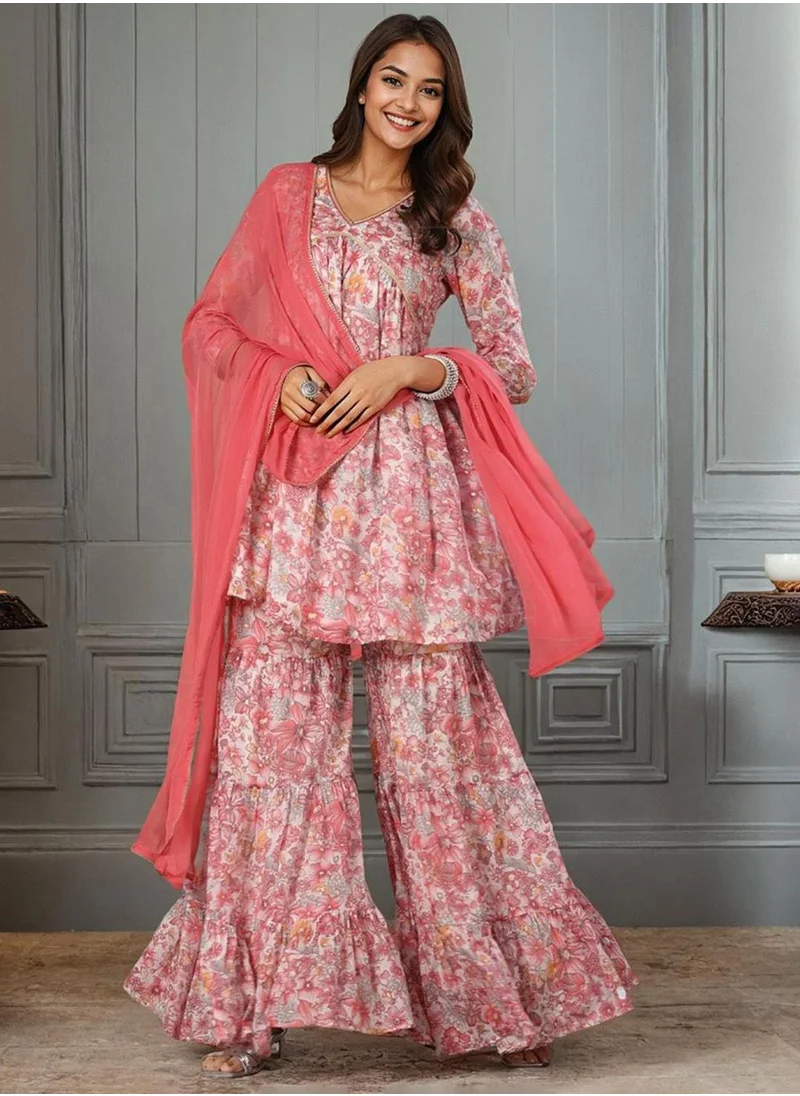 ISHIN Women's Pink 100% Cotton Printed Tunic Full Length Palazzo Regular Fit Kurta Set
