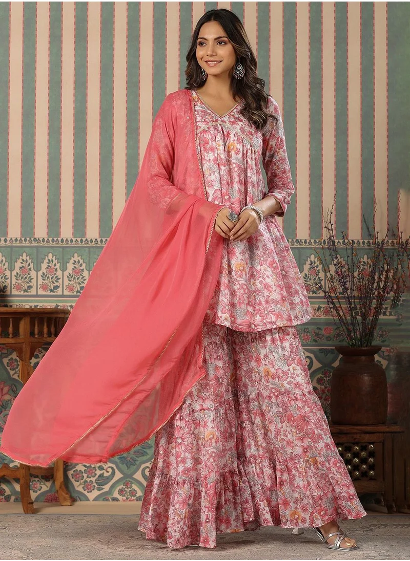 ISHIN Women's Pink 100% Cotton Printed Tunic Full Length Palazzo Regular Fit Kurta Set