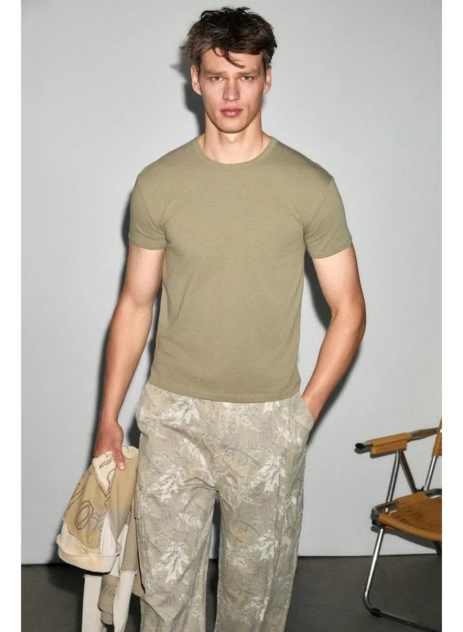 GRIMELANGE PRIMOR Men's Soft and Flexible Fabric Organic Cotton Round Neck Khaki T-Shirt.