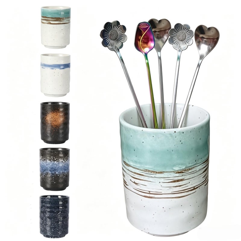 TOPYOKK Stoneware Coffee Bar Utensil Holder Tea & Coffee Spoon & Stirrer Holder for Stir Stick Straw Teaspoon Holder Spoon Cup Small Utensil Jar (Green fields) - Image 5