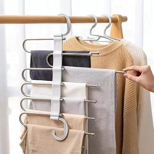 TASMAX 5-in-1 Multipurpose Pant Hangers for Wardrobe | Space-Saving Trouser & Leggings Organizer | Saree Hanger for Closet Storage & Wardrobe Organization (Pack of 4) - Image 1