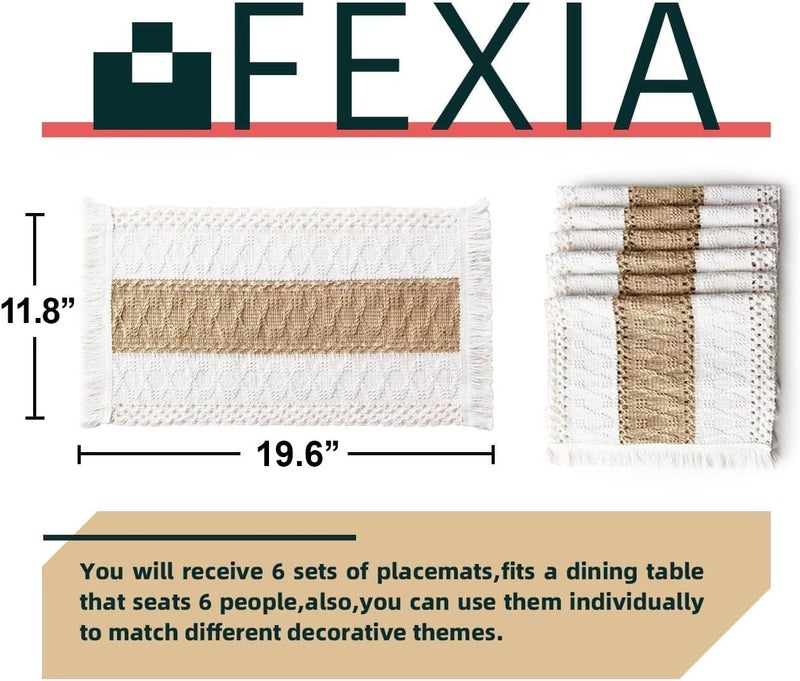 FEXIA Boho Placemats Set of 6 Macrame Table Decor Farmhouse Style Placemats in Natural Cotton Burlap for Kitchen and Dining Table Centerpiece Home Decorations - Image 2