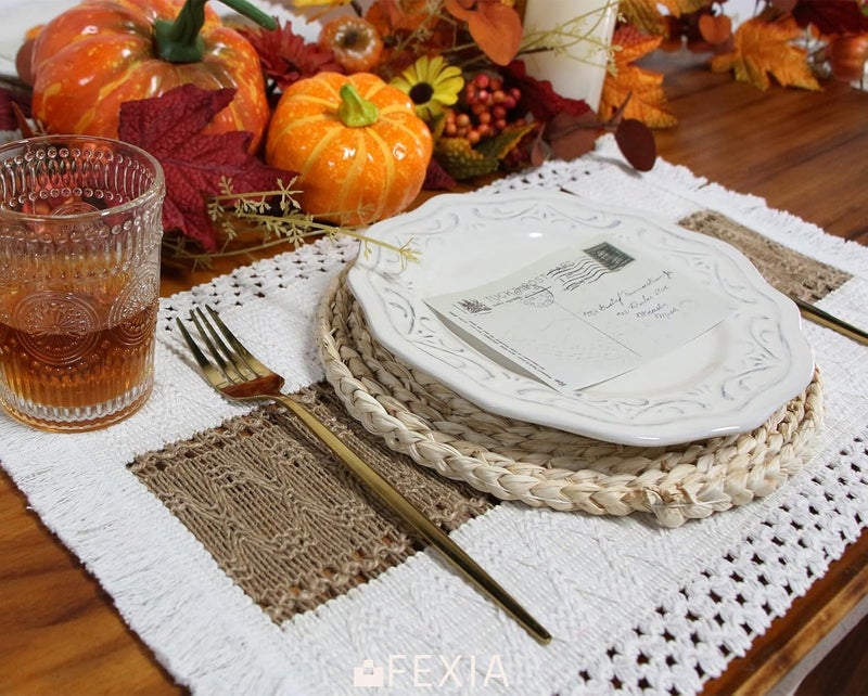 FEXIA Boho Placemats Set of 6 Macrame Table Decor Farmhouse Style Placemats in Natural Cotton Burlap for Kitchen and Dining Table Centerpiece Home Decorations - Image 5