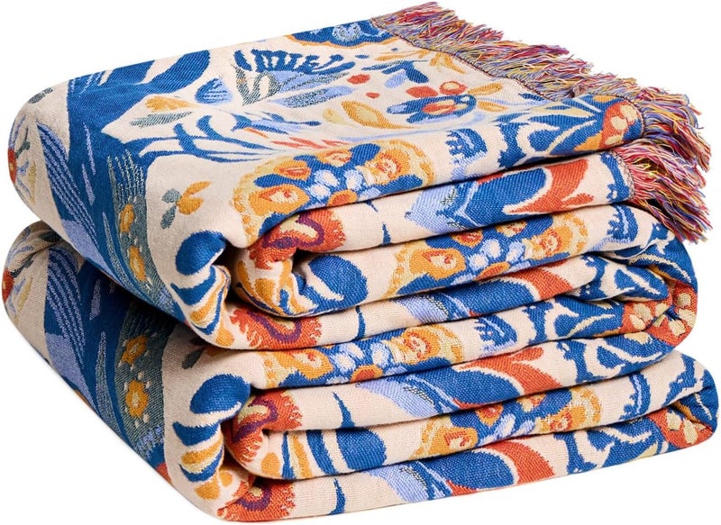 LUTBM Boho Throw Blanket for Couch Sofa Chair Cotton Blankets for Bedroom Living Room All Season Soft Lightweight Reversible Floral Bird Embroidery Throws 50"x60" - Image 1