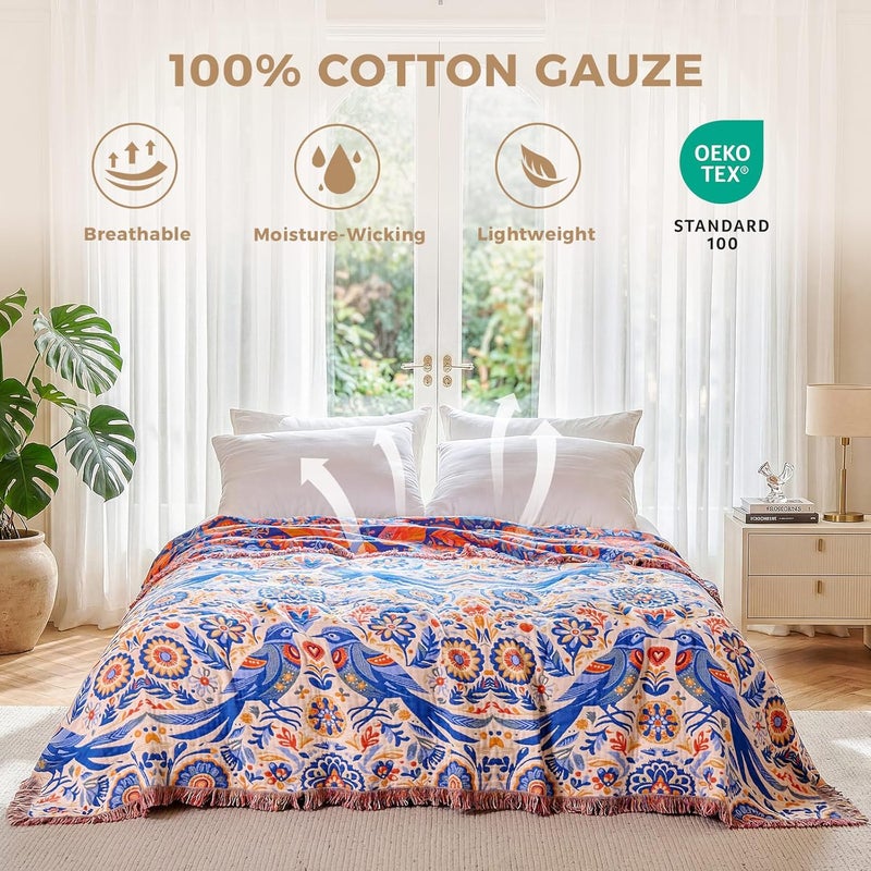 LUTBM Boho Throw Blanket for Couch Sofa Chair Cotton Blankets for Bedroom Living Room All Season Soft Lightweight Reversible Floral Bird Embroidery Throws 50"x60" - Image 3