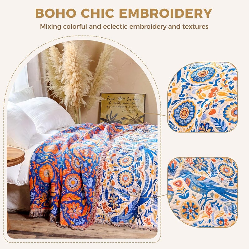 LUTBM Boho Throw Blanket for Couch Sofa Chair Cotton Blankets for Bedroom Living Room All Season Soft Lightweight Reversible Floral Bird Embroidery Throws 50"x60" - Image 4