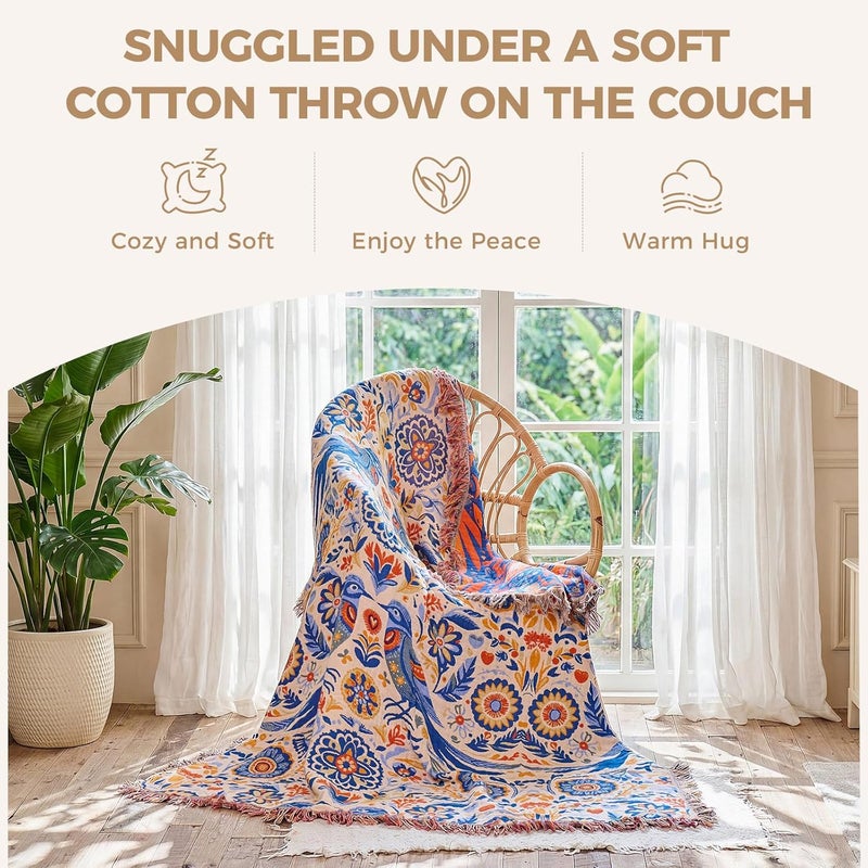 LUTBM Boho Throw Blanket for Couch Sofa Chair Cotton Blankets for Bedroom Living Room All Season Soft Lightweight Reversible Floral Bird Embroidery Throws 50"x60" - Image 5