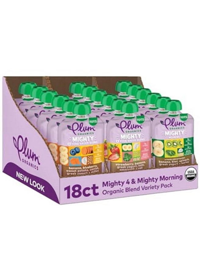 بلام أورجانيكس طعام الأطفال العضوي Mighty 4 and Mighty Morning من Plum Organics - عبوة متنوعة من 4 مجموعات غذائية - كيس 4 أونصة (عبوة من 18 قطعة) - كيس طعام للأطفال من الفواكه والخضروات العضوية  - Image 1