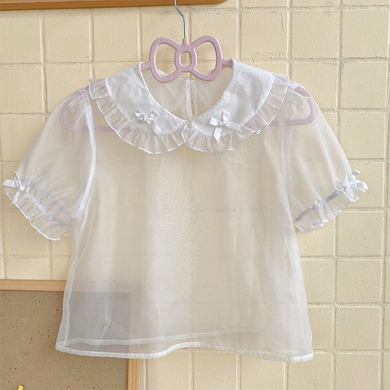 . Sleeping * Plush Design Doll Collar Shirt Loose Can Wear Cute Girl White single top