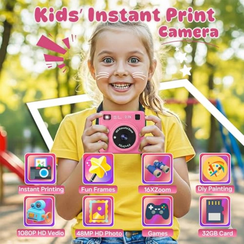 Instant Print Camera for:1080P, Paper Color Pens Included, 32GB Card, Rechargeable Battery, Gaming Features Birthday Gift Toy for Boys and Girls Ages 3-12 - Image 5