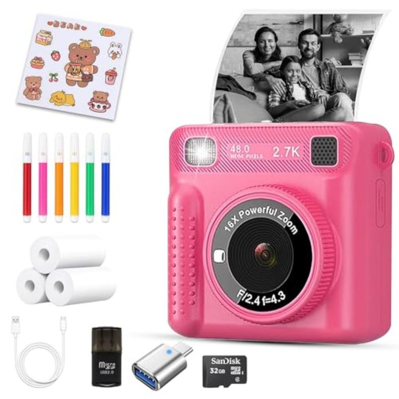 Instant Print Camera for:1080P, Paper Color Pens Included, 32GB Card, Rechargeable Battery, Gaming Features Birthday Gift Toy for Boys and Girls Ages 3-12 - Image 1