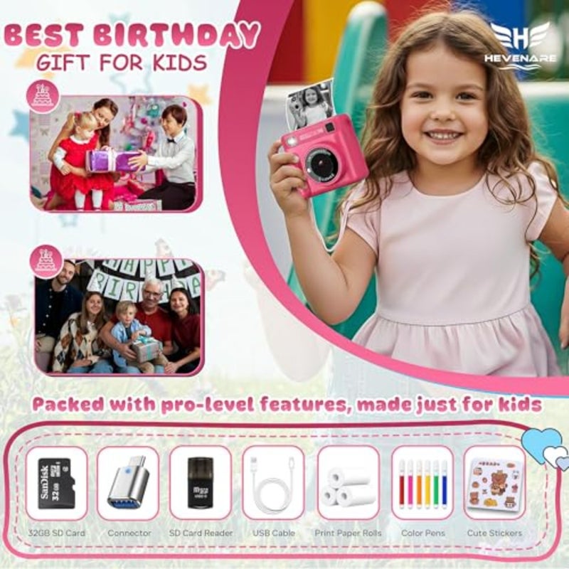 Instant Print Camera for:1080P, Paper Color Pens Included, 32GB Card, Rechargeable Battery, Gaming Features Birthday Gift Toy for Boys and Girls Ages 3-12 - Image 4