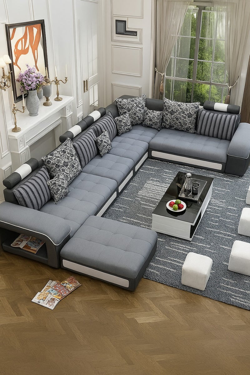 KARNAK Luxury U-Shape Velvet Fabric Modular Sofa Set with Ottoman & Stools – 6 to 8 Seater, Grey & White, Premium Cushions, Side Storage & Sturdy Wooden Frame – Modern Living Room Furniture - Image 1