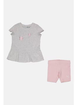 PUMA Kids Girl 2 Pieces Brand Logo Top and Short Set, Light Grey/Pink  - Image 1