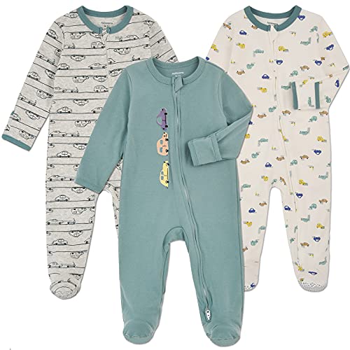 Aablexema Baby Footie Pajama with Mitten Cuffs, Double Zipper Infant Cotton clothes Sleeper Pjs, Footed Sleep Play(Car Style,3-6 Months) - Image 1