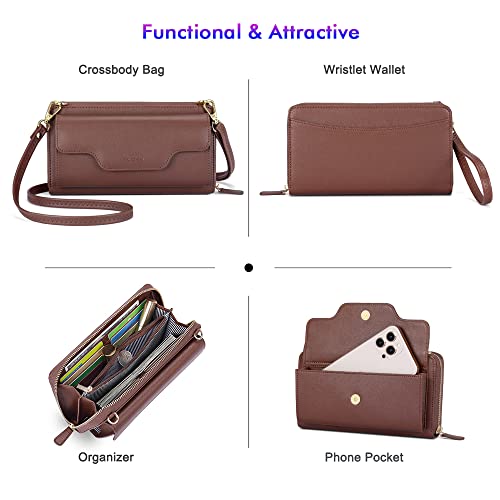 nuoku Crossbody Bags, Wristlet, Small Clutch Purses - Women's Cell Phone RFID Wallet, Coffee - Image 3