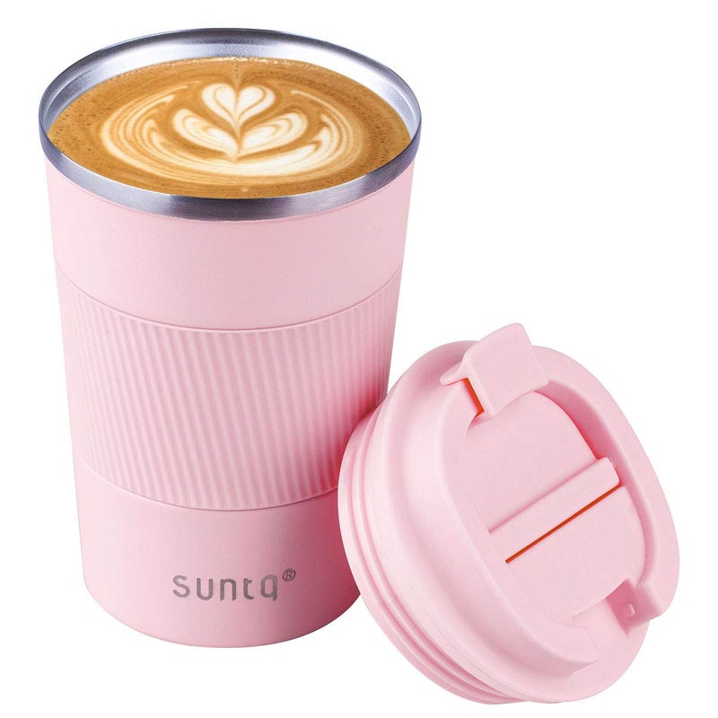 SUNTQ Reusable Coffee Cups Travel  Coffee Travel Mug with Leakproof Lid  Thermal Mug Insulated Cup  Stainless Steel Travel Cup with Rubber Grip  for Hot and Cold Drinks 13oz380ml Pink