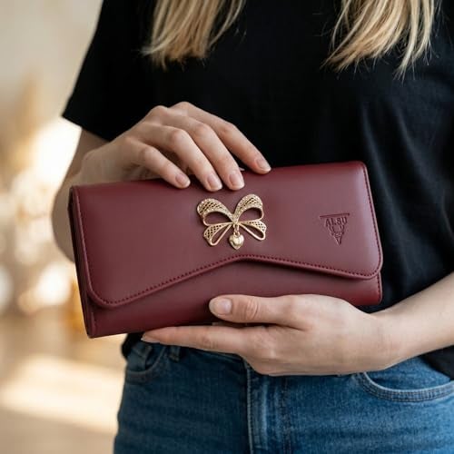 ALSU Women's Hand Wallet Purse Clutch | Phone Pocket| 4 Card Slots| Coin Pockets| Smooth Material (Maroon) - Image 2