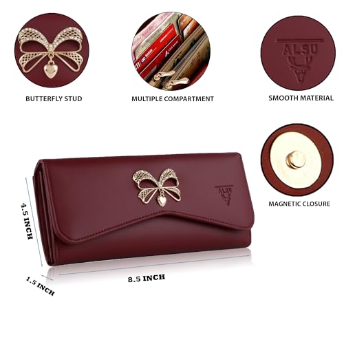 ALSU Women's Hand Wallet Purse Clutch | Phone Pocket| 4 Card Slots| Coin Pockets| Smooth Material (Maroon) - Image 4