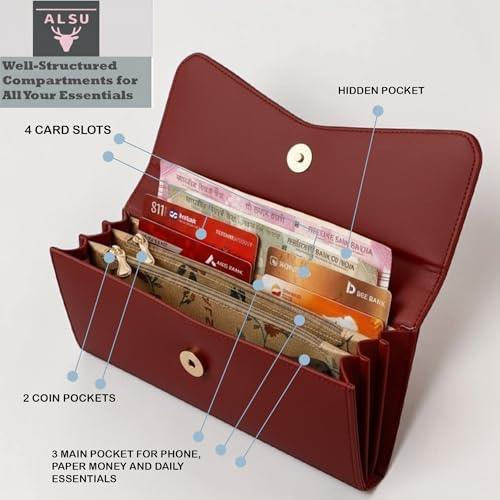 ALSU Women's Hand Wallet Purse Clutch | Phone Pocket| 4 Card Slots| Coin Pockets| Smooth Material (Maroon) - Image 5